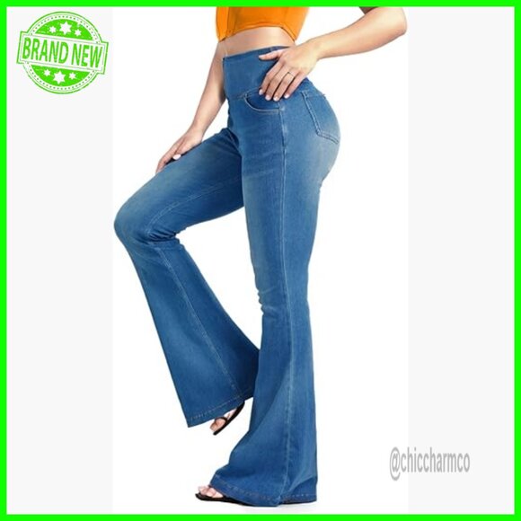 Denim - High Waisted Stretch Flare Jeans with Pockets, Pull On Yoga Pants